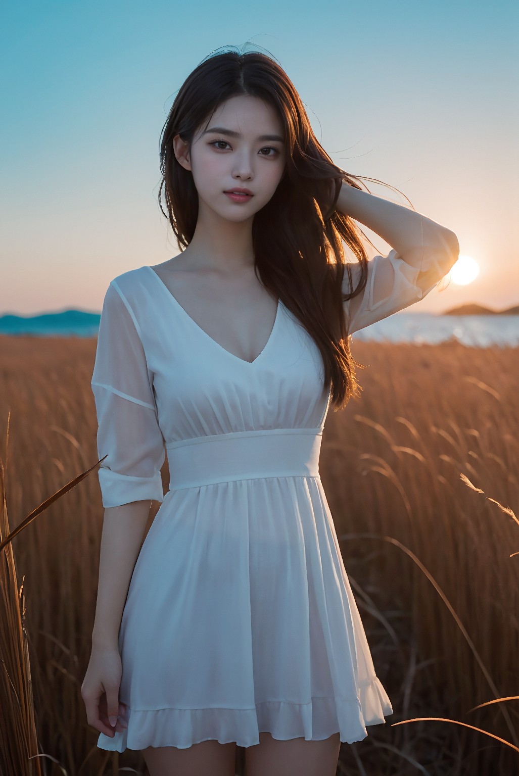 Photoshoot in Reed Field at Sunset