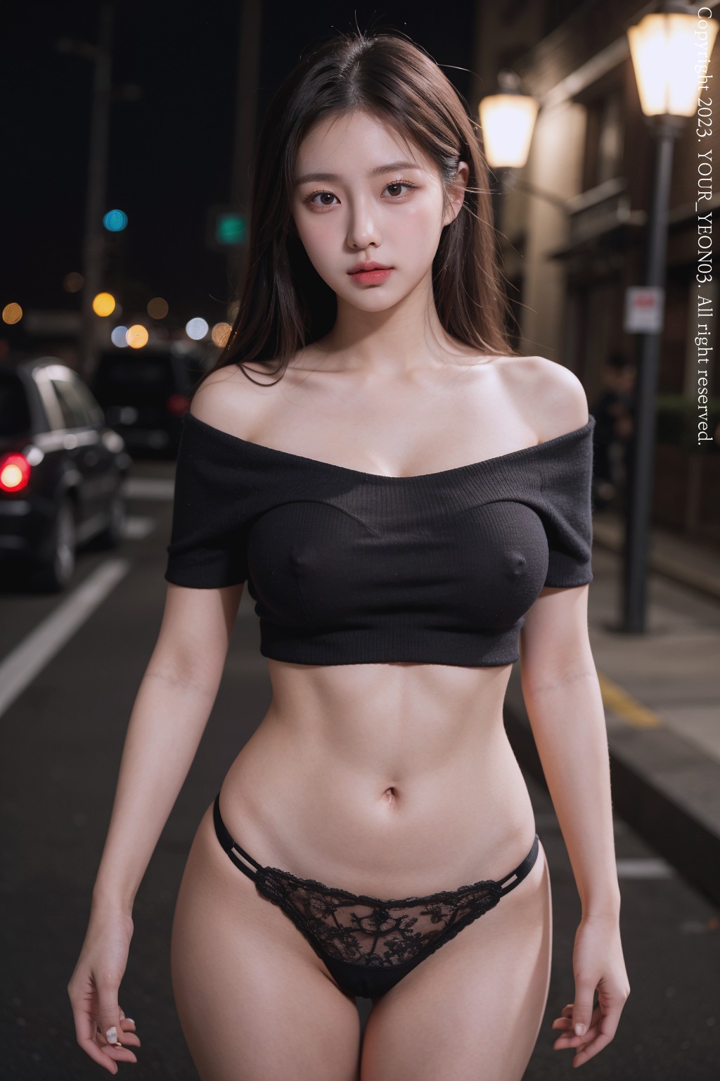 off-shoulder t-shirt at night