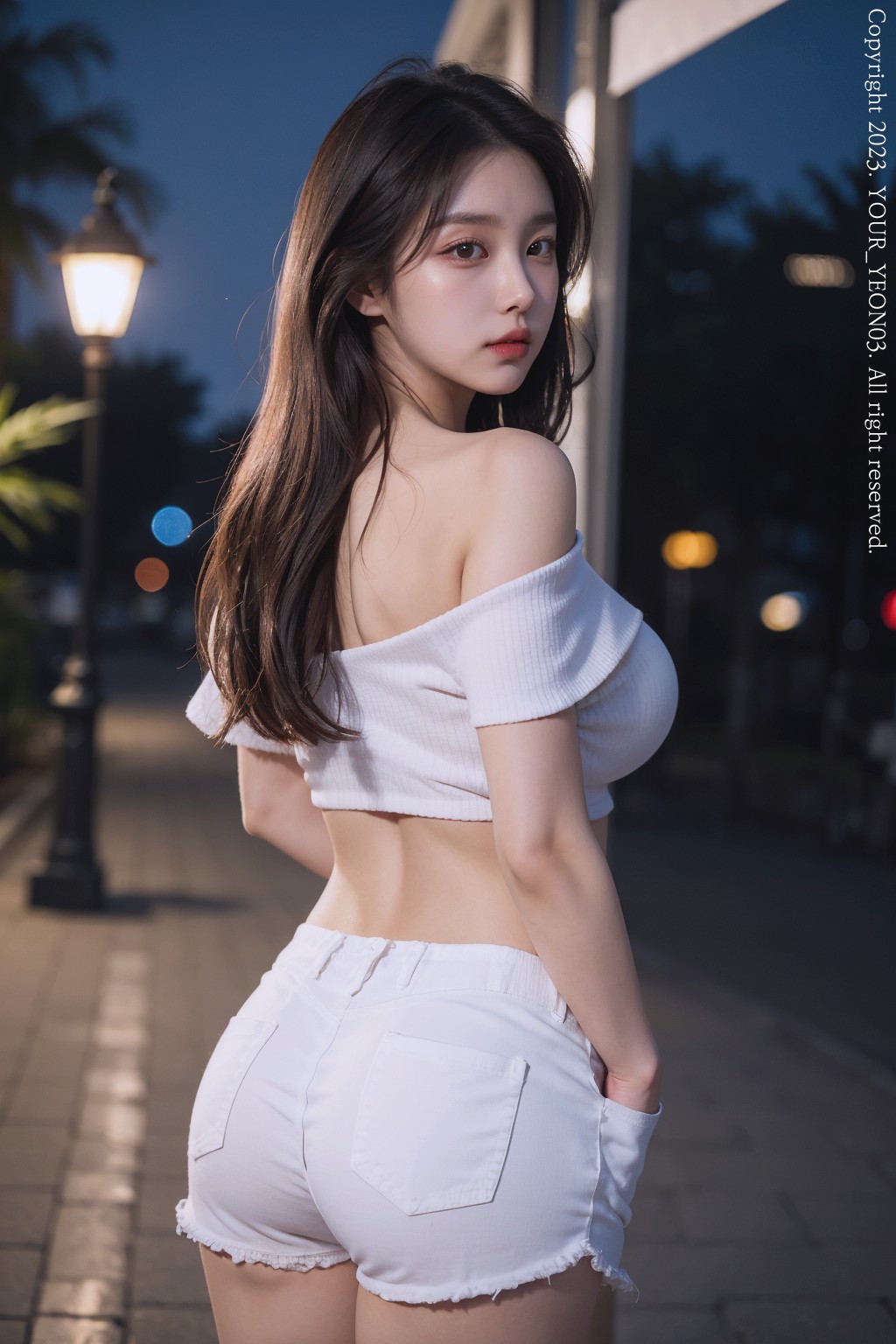 off-shoulder t-shirt at night