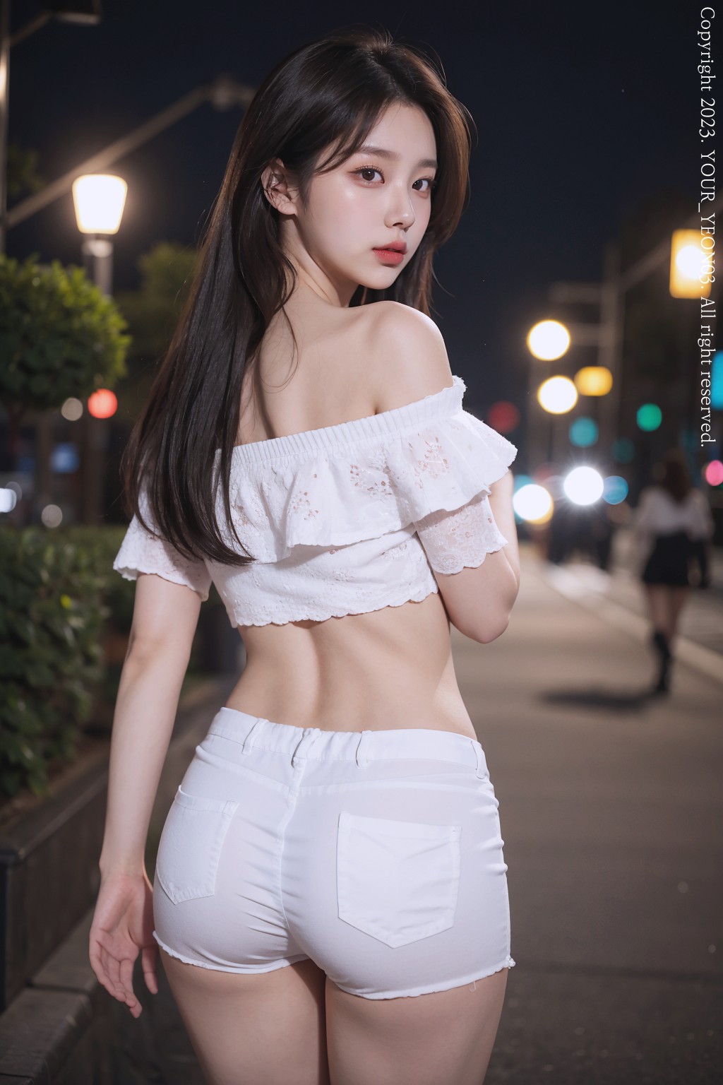 off-shoulder t-shirt at night