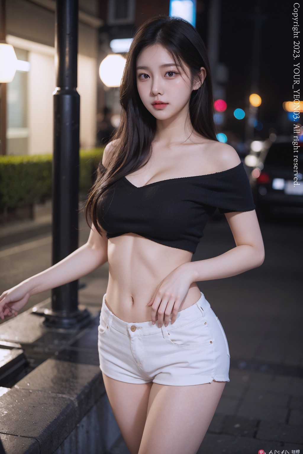 off-shoulder t-shirt at night