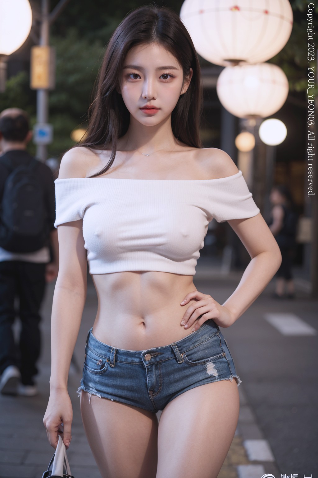 off-shoulder t-shirt at night