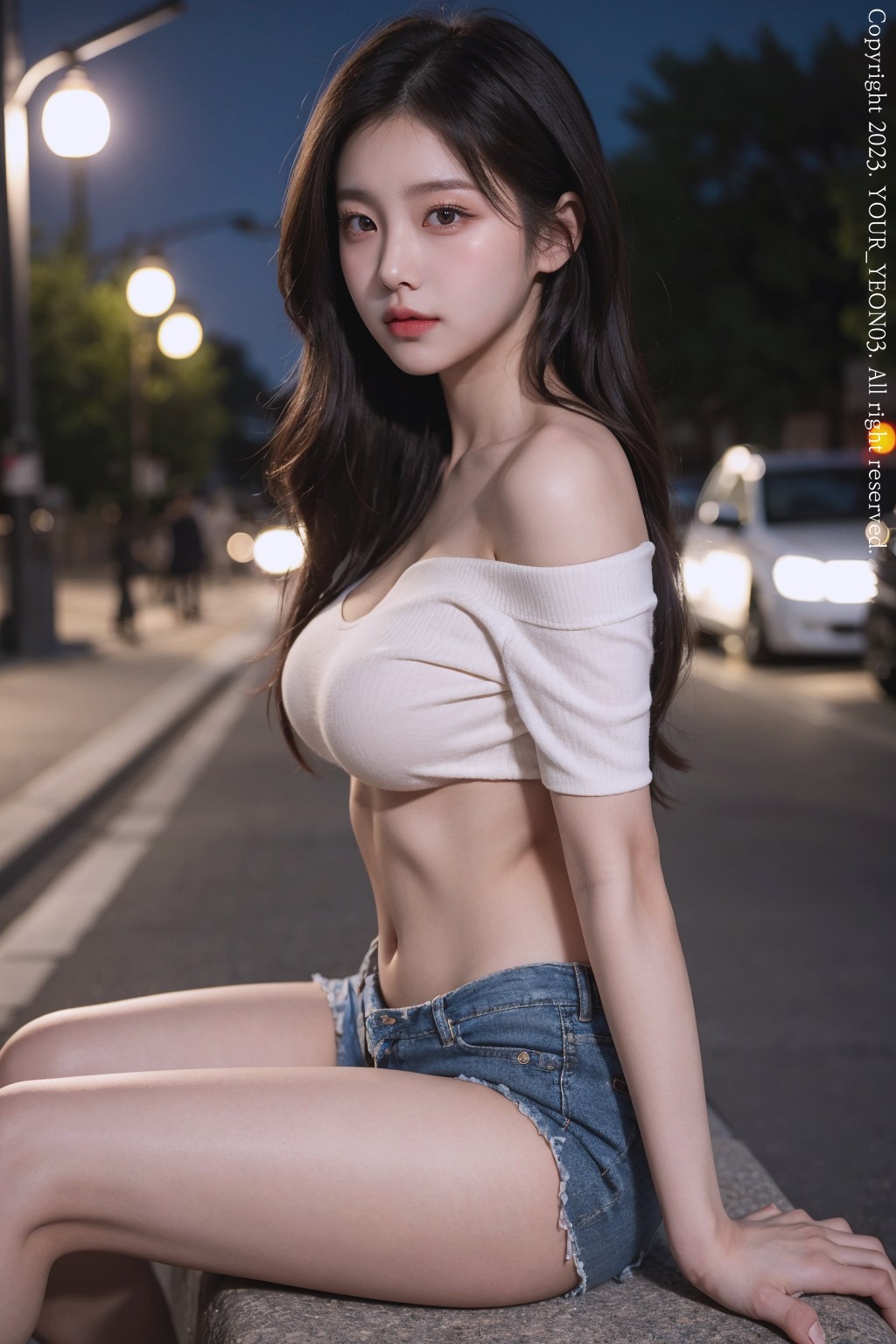 off-shoulder t-shirt at night