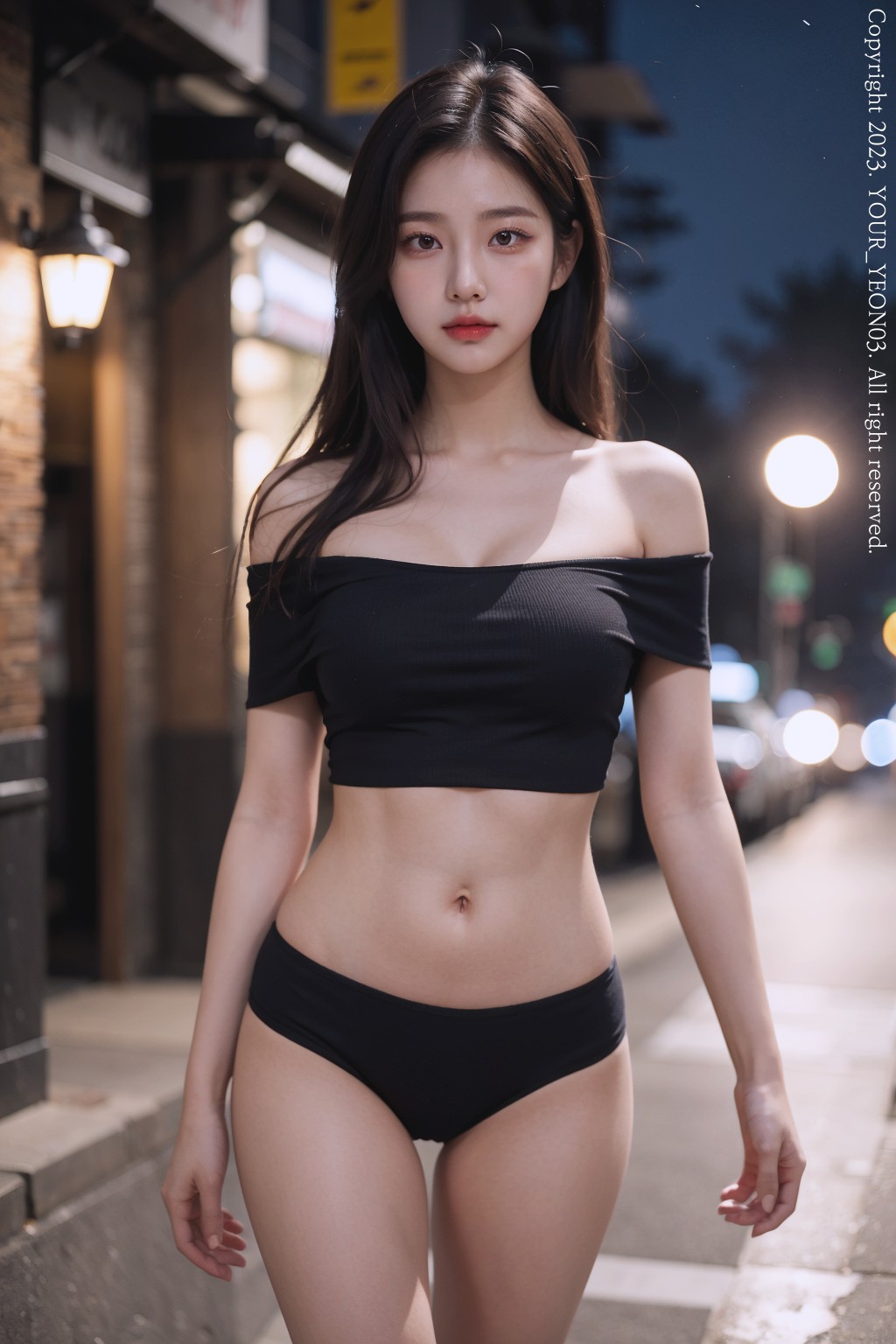 off-shoulder t-shirt at night