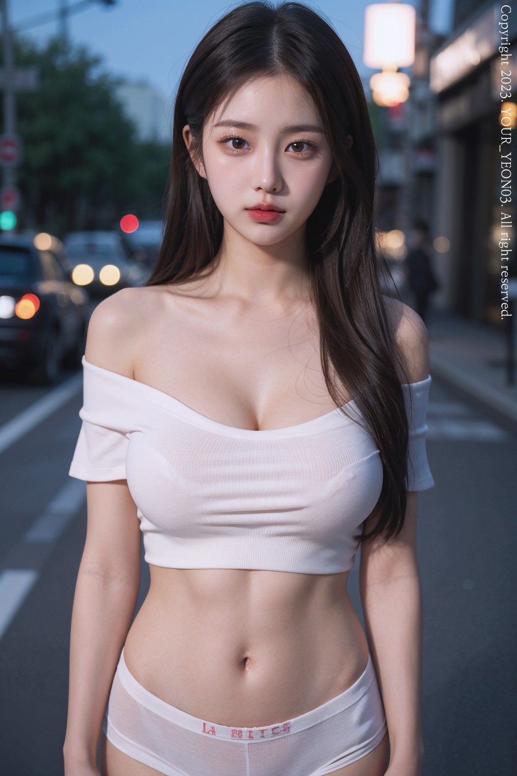 off-shoulder t-shirt at night