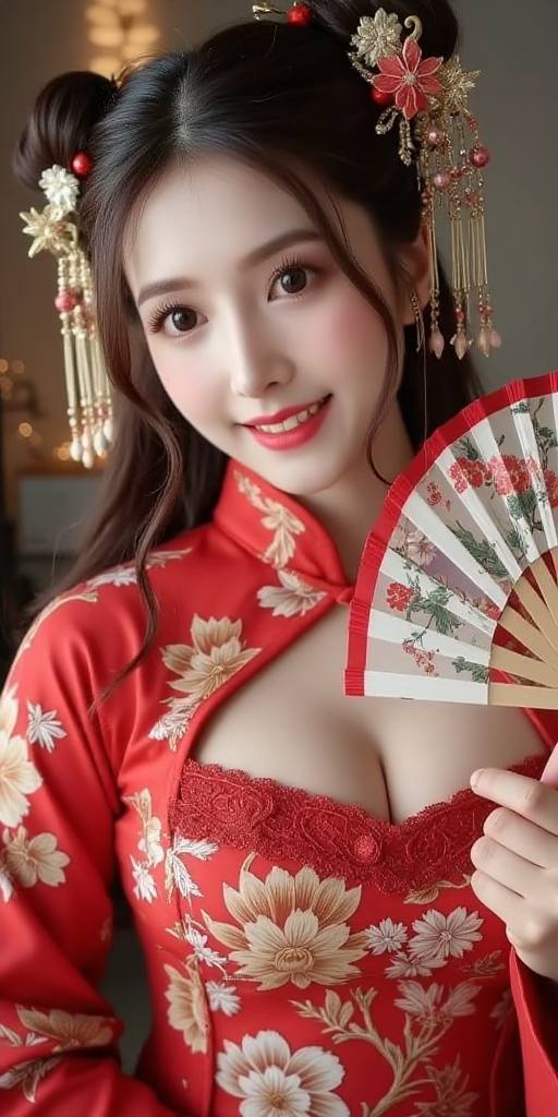 Woman holding embroidery fan