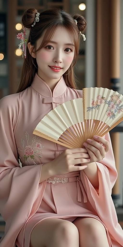 Woman holding embroidery fan
