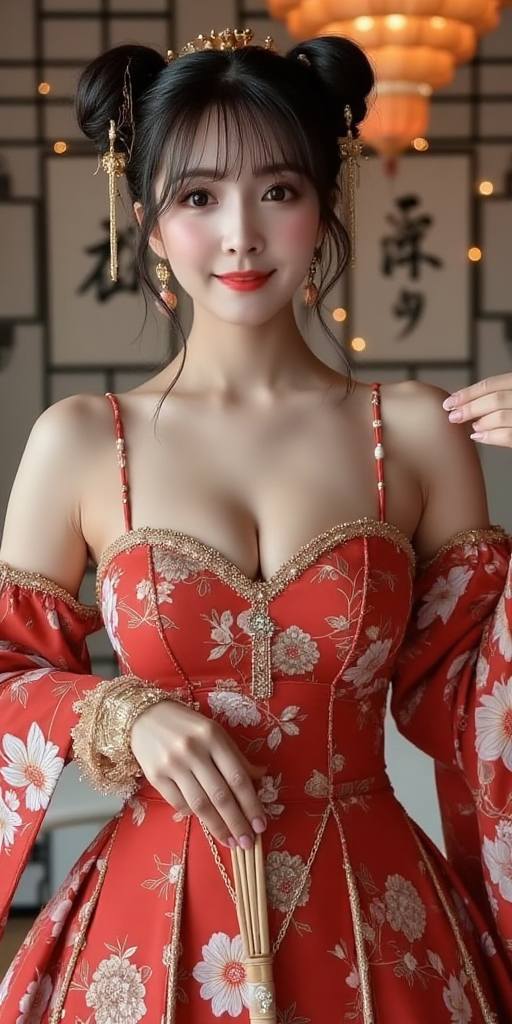 Woman holding embroidery fan