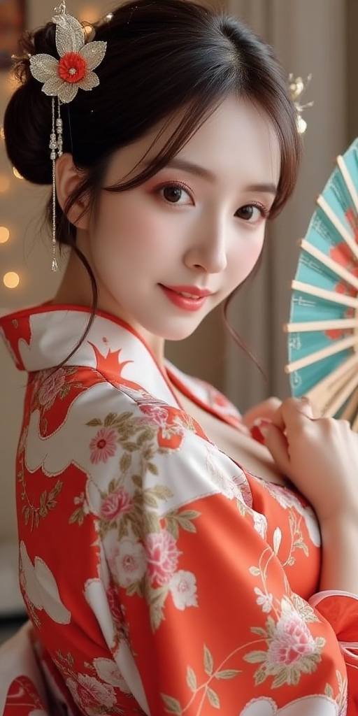Woman holding embroidery fan