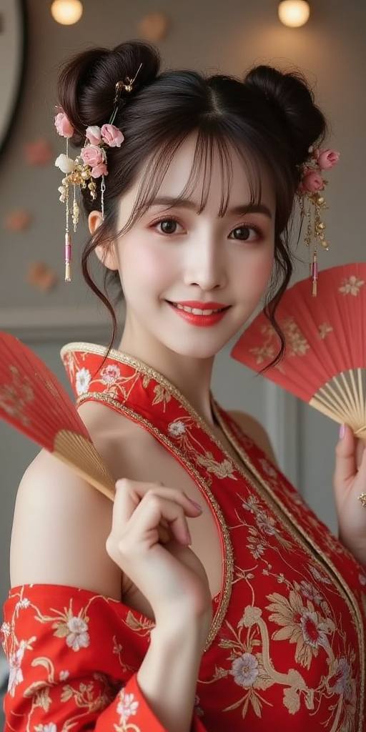 Woman holding embroidery fan