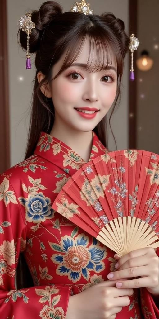Woman holding embroidery fan