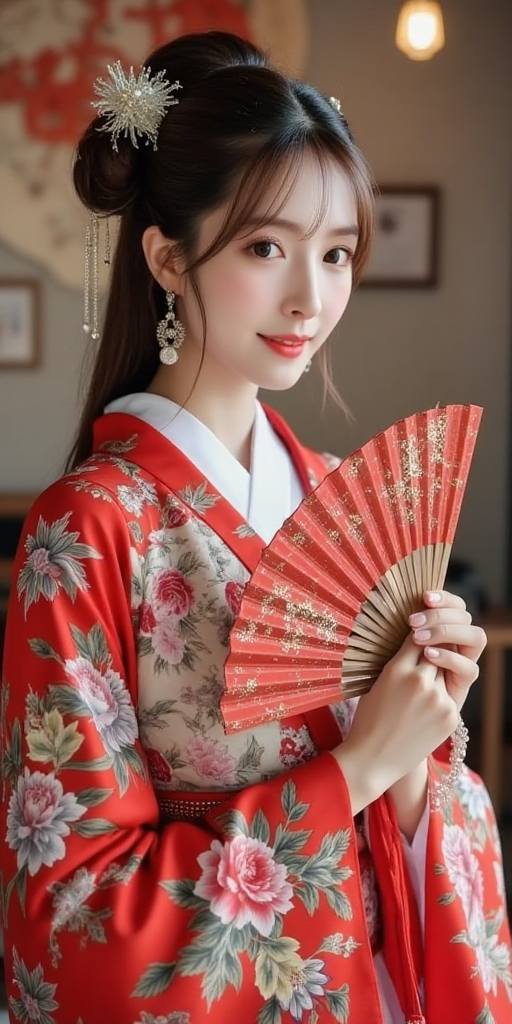 Woman holding embroidery fan