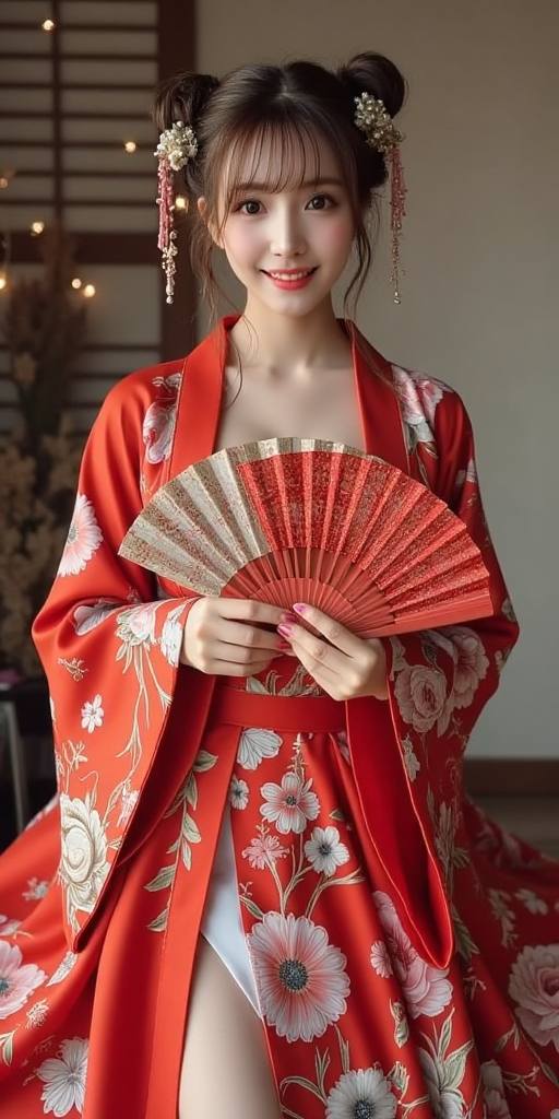 Woman holding embroidery fan