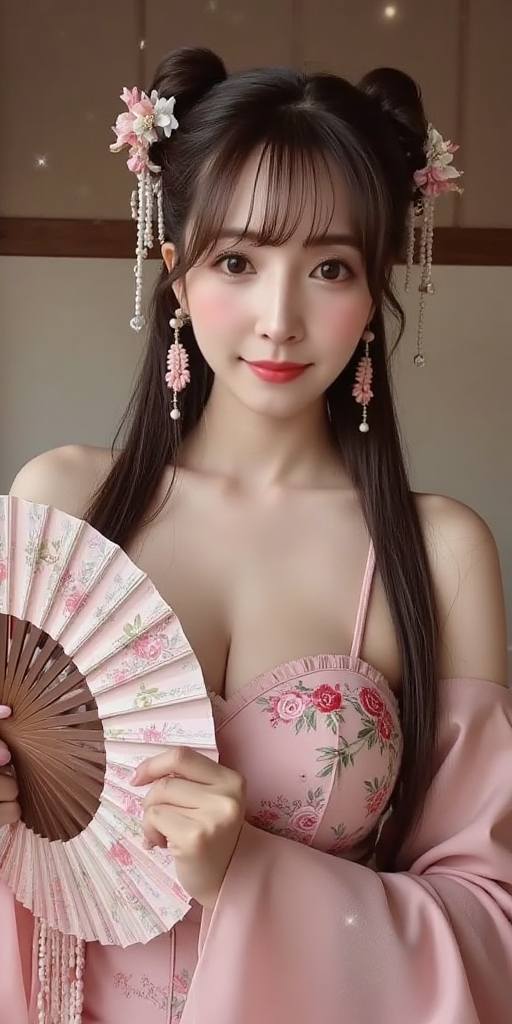 Woman holding embroidery fan