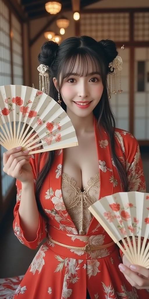 Woman holding embroidery fan