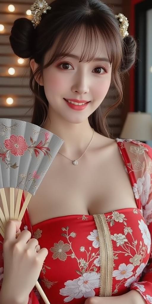 Woman holding embroidery fan