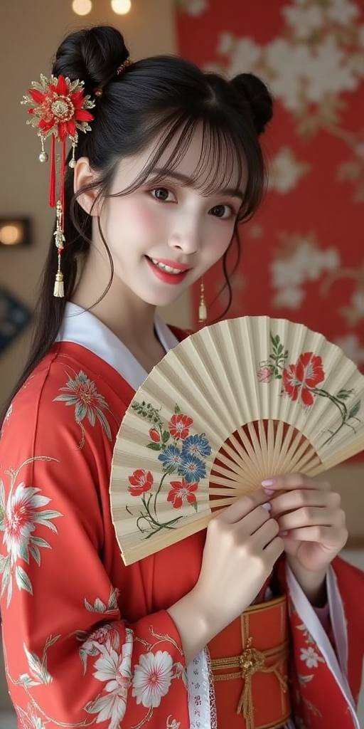 Woman holding embroidery fan