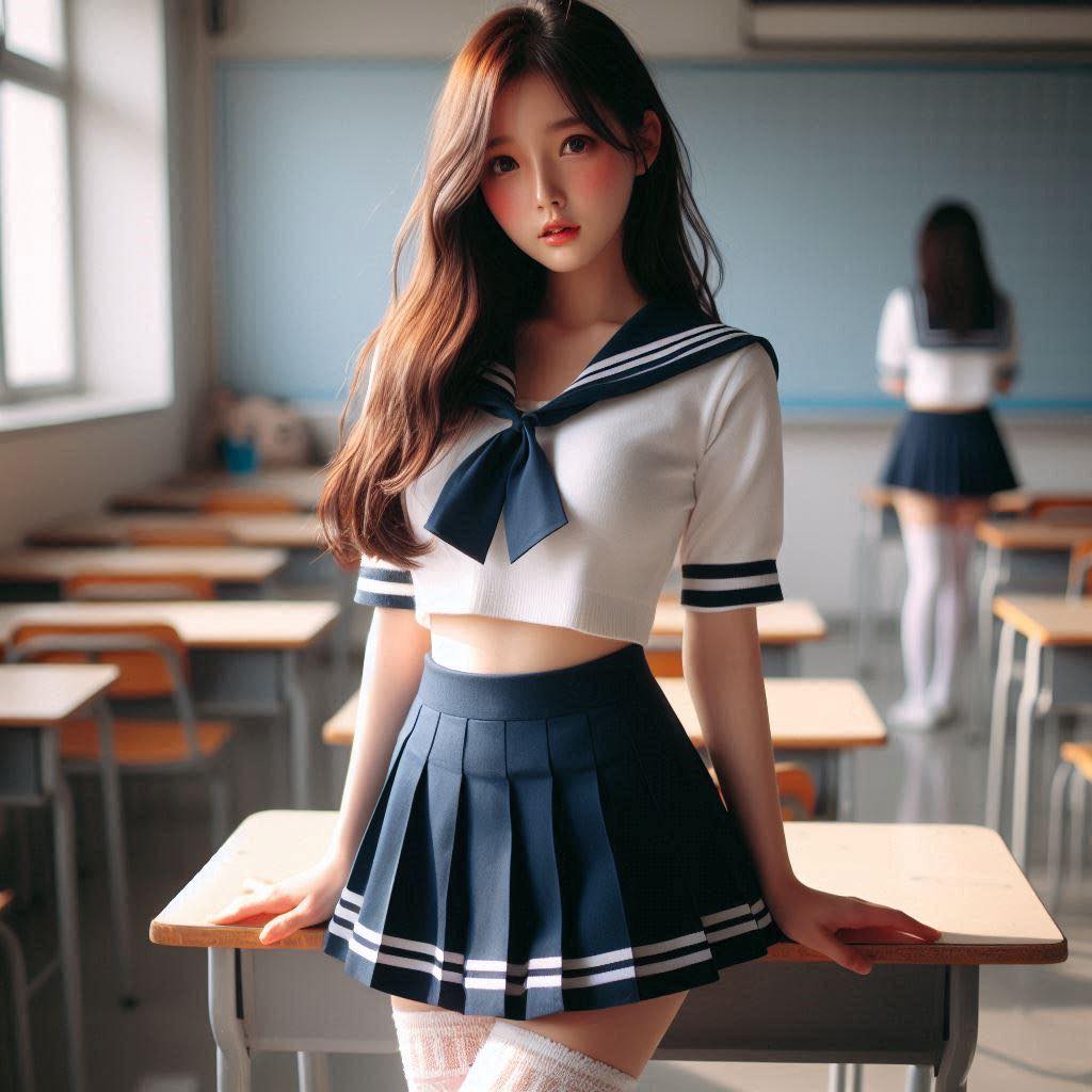 Sitting at a classroom desk after class
