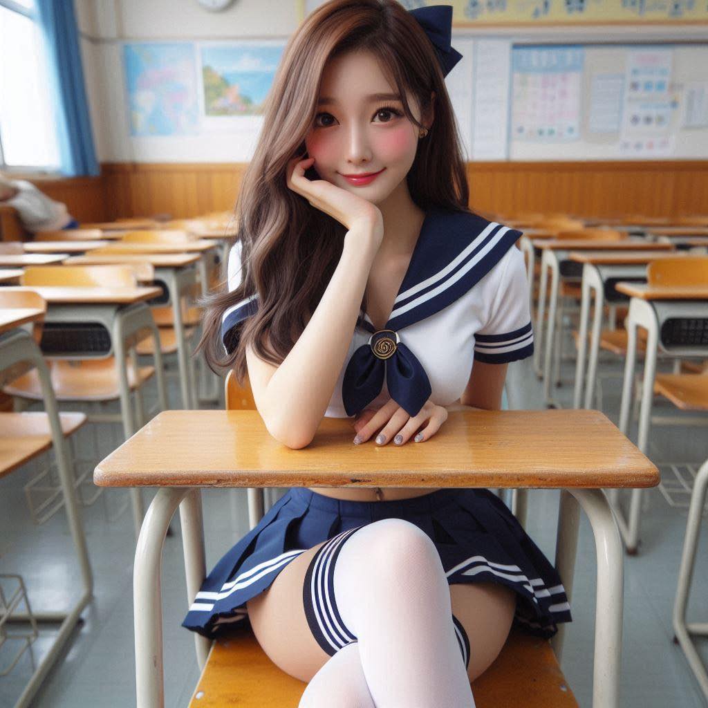 Sitting at a classroom desk after class