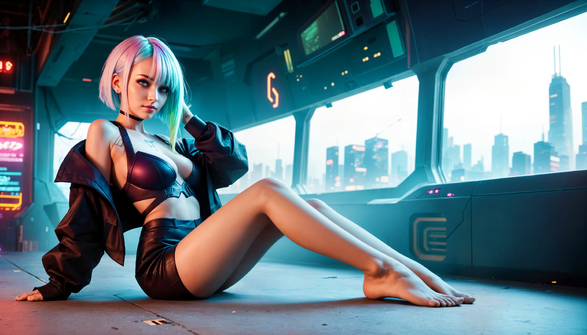 Energetic and cute cyberpunk girl