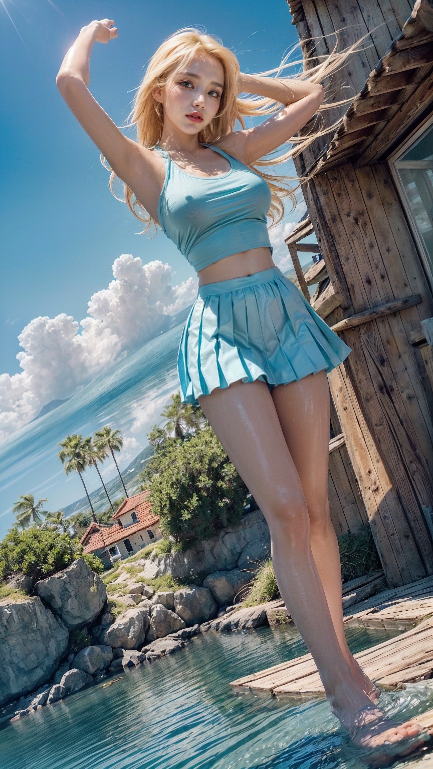 Blue sky beach blonde woman1