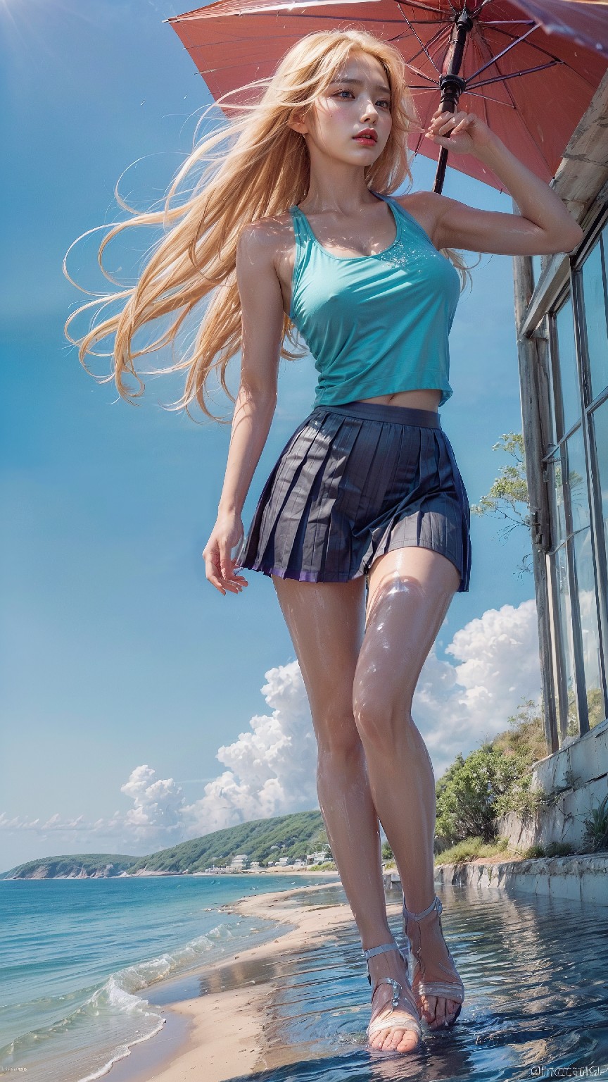 Blue sky beach blonde woman1
