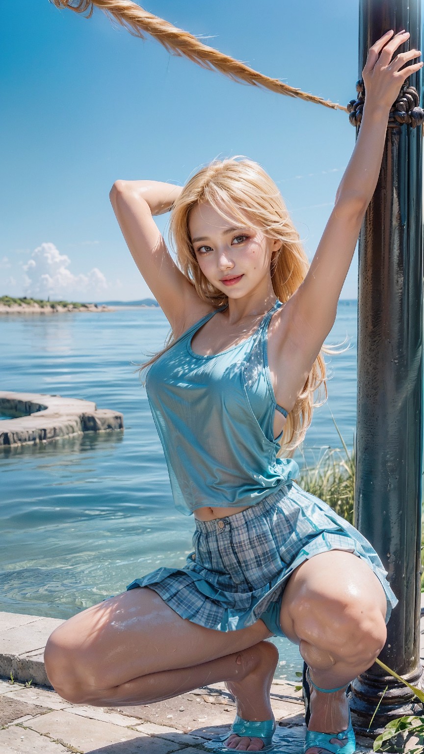 Blue sky beach blonde woman1