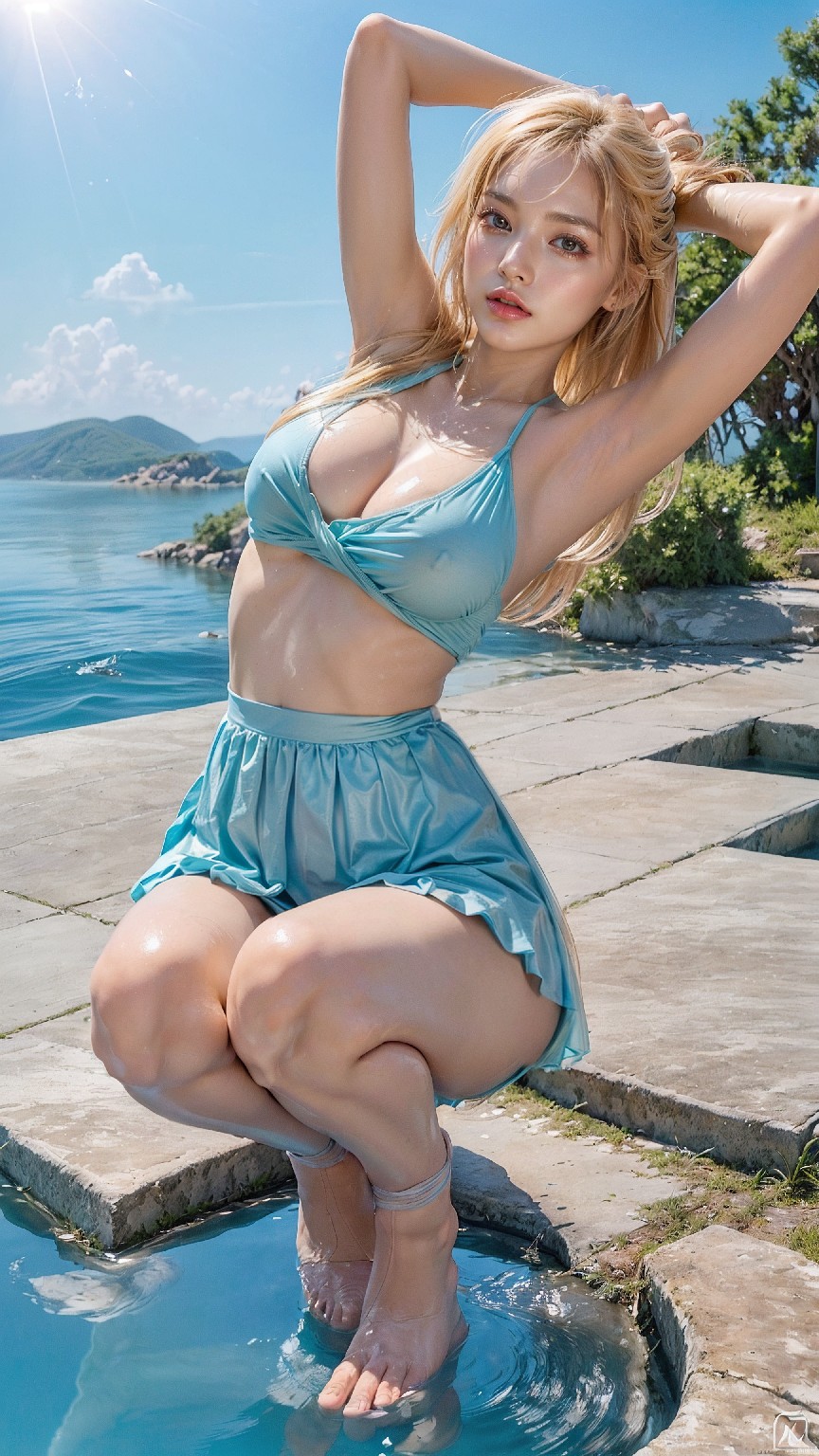 Blue sky beach blonde woman1