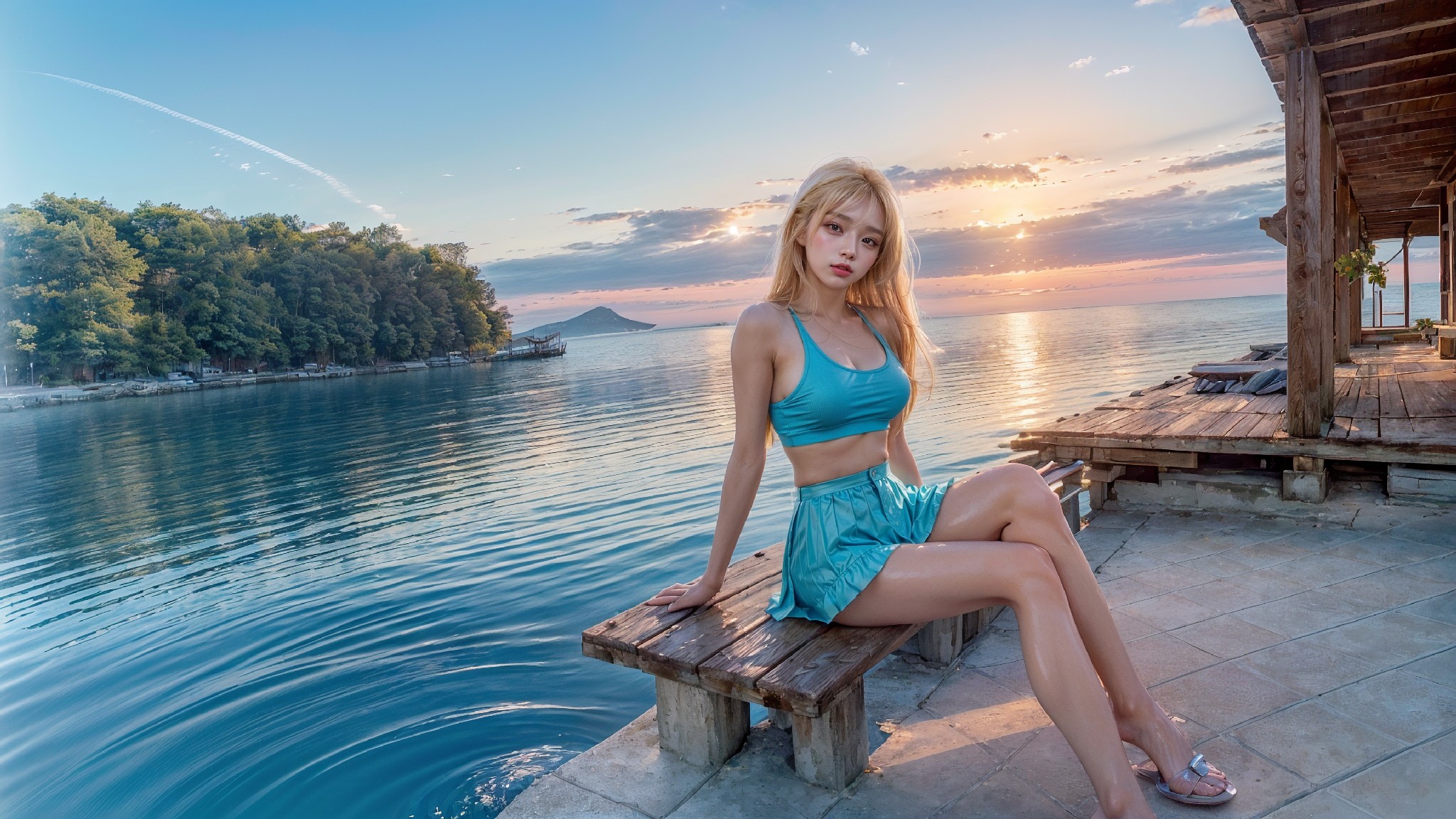 Blue sky beach blonde woman1