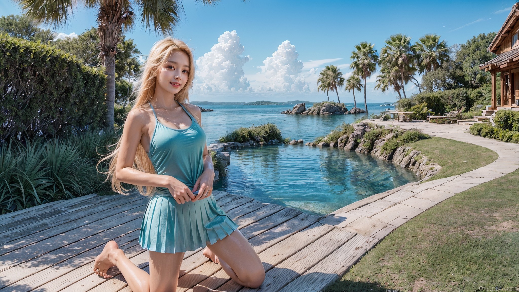 Blue sky beach blonde woman1