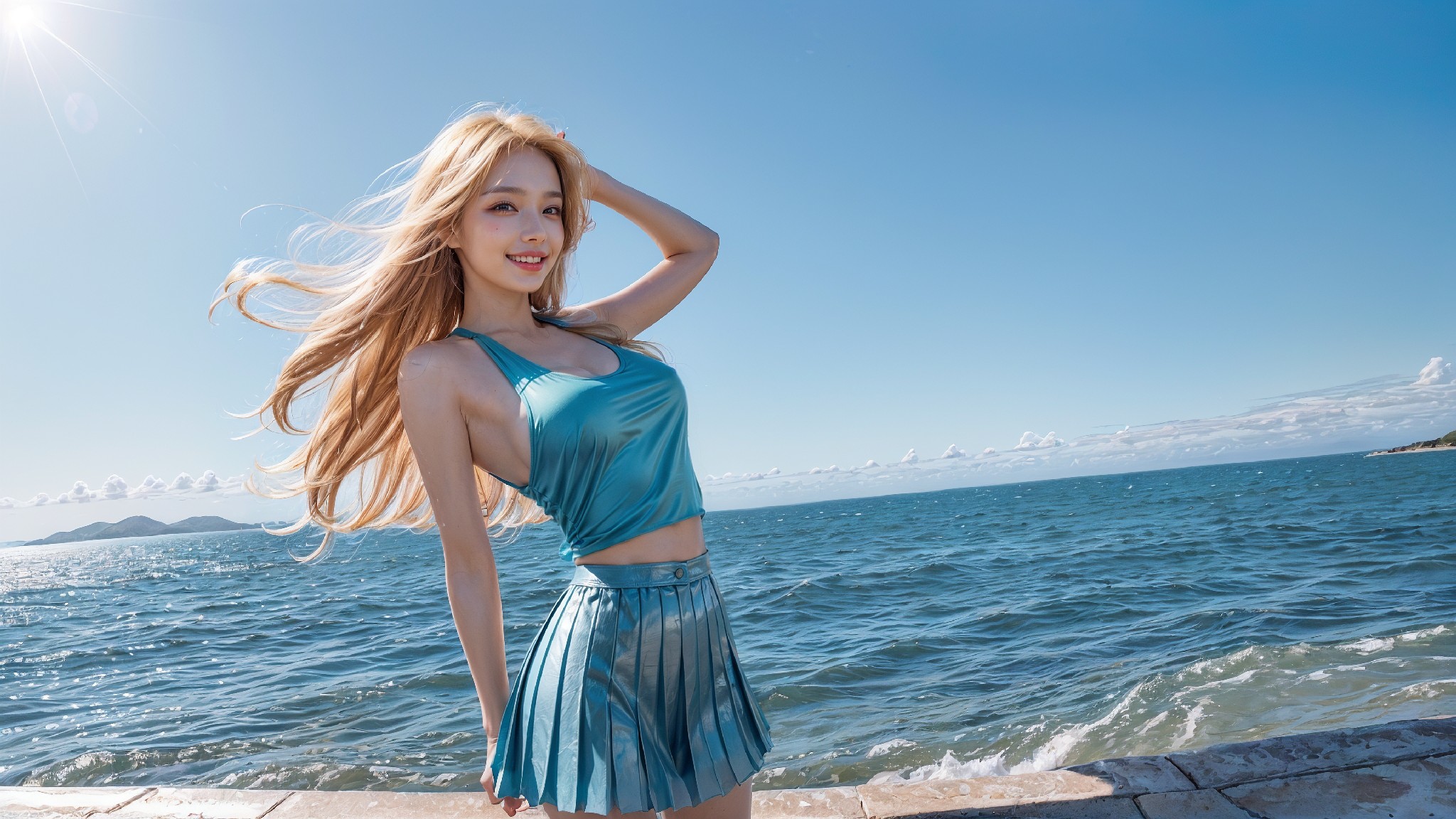 Blue sky beach blonde woman1