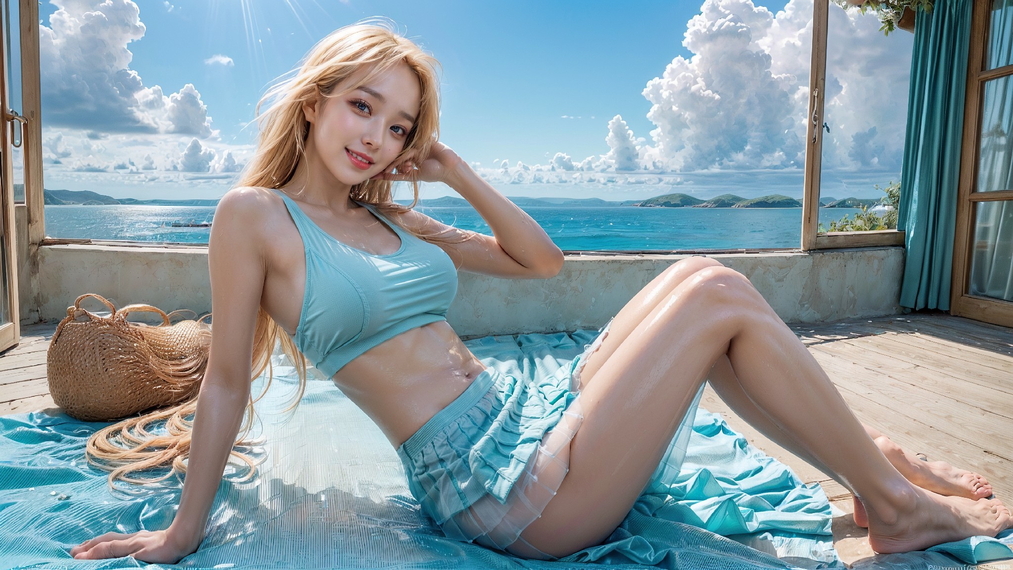 Blue sky beach blonde woman1