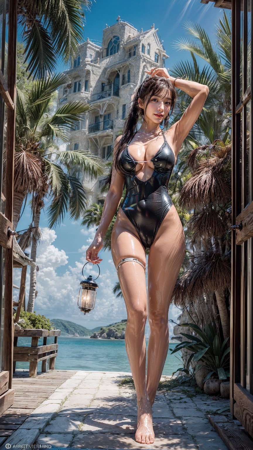 Latex swimsuit on the beach1