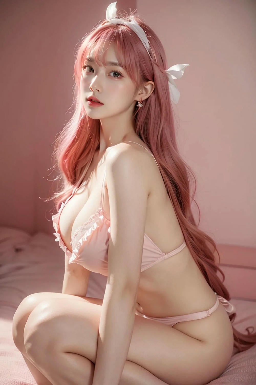 ★Patreon★ AI_Kaori - Pink-Haired Model Wearing Lace Lingerie in Beauty