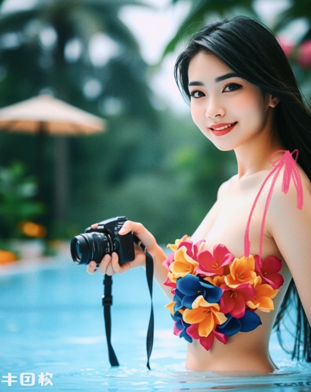 A bikini made by a girl wearing leaves and flowers