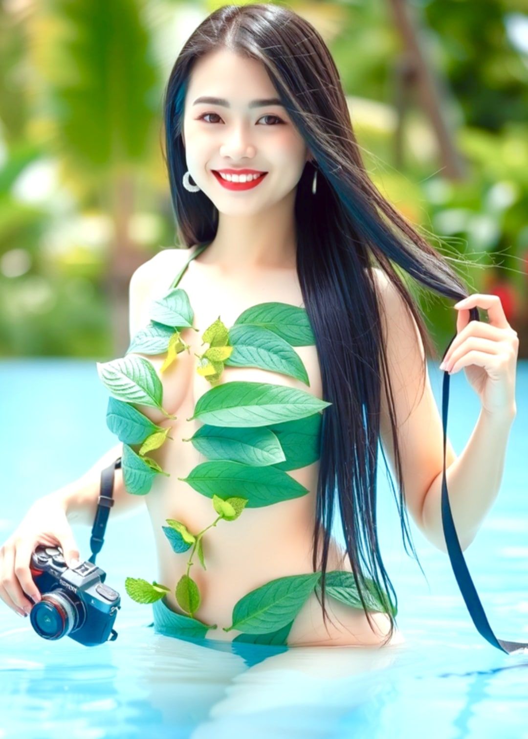 A bikini made by a girl wearing leaves and flowers