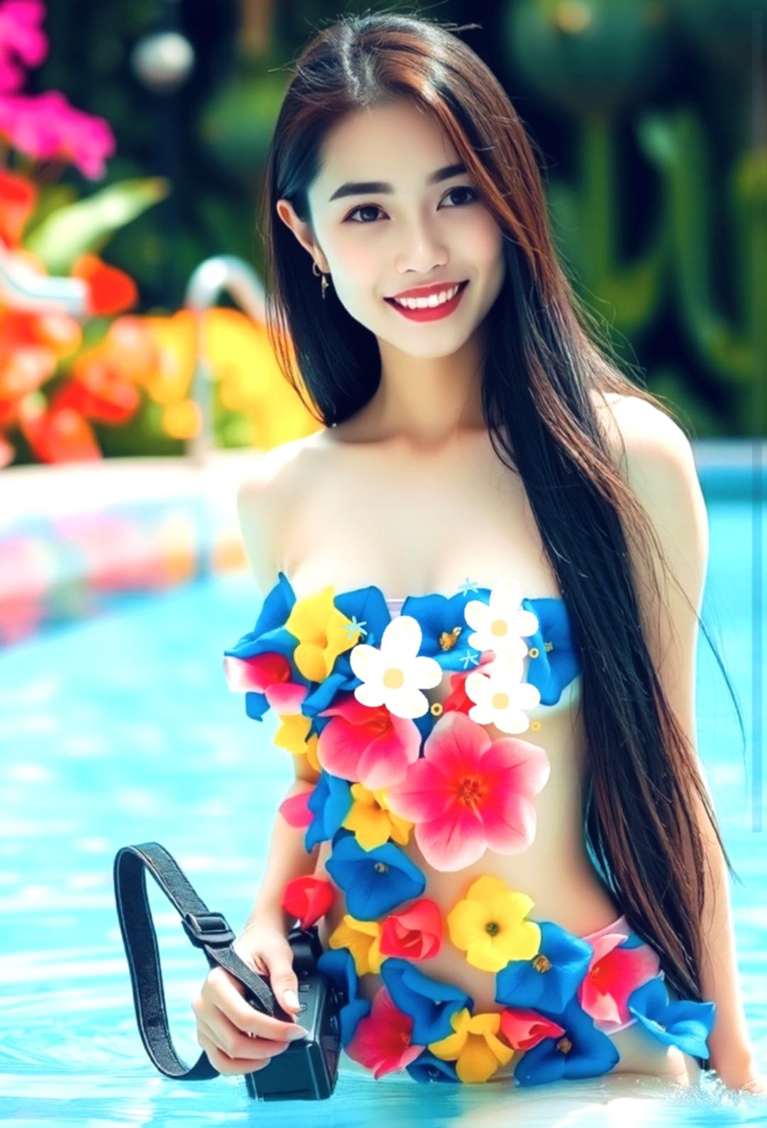 A bikini made by a girl wearing leaves and flowers