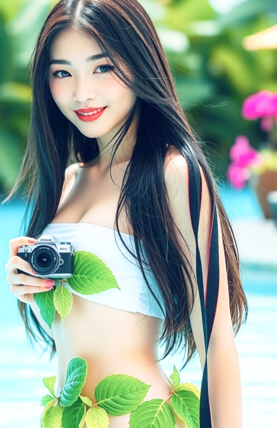 A bikini made by a girl wearing leaves and flowers