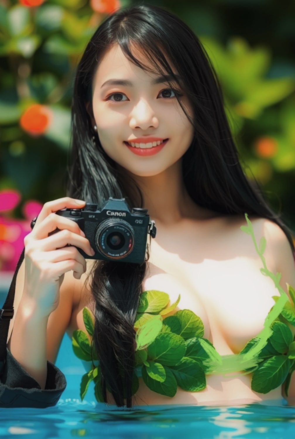 A bikini made by a girl wearing leaves and flowers