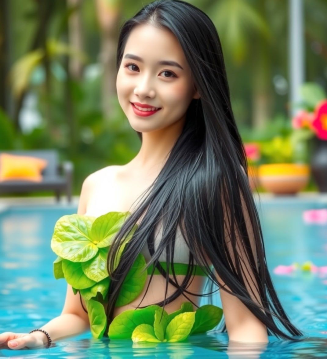 A bikini made by a girl wearing leaves and flowers