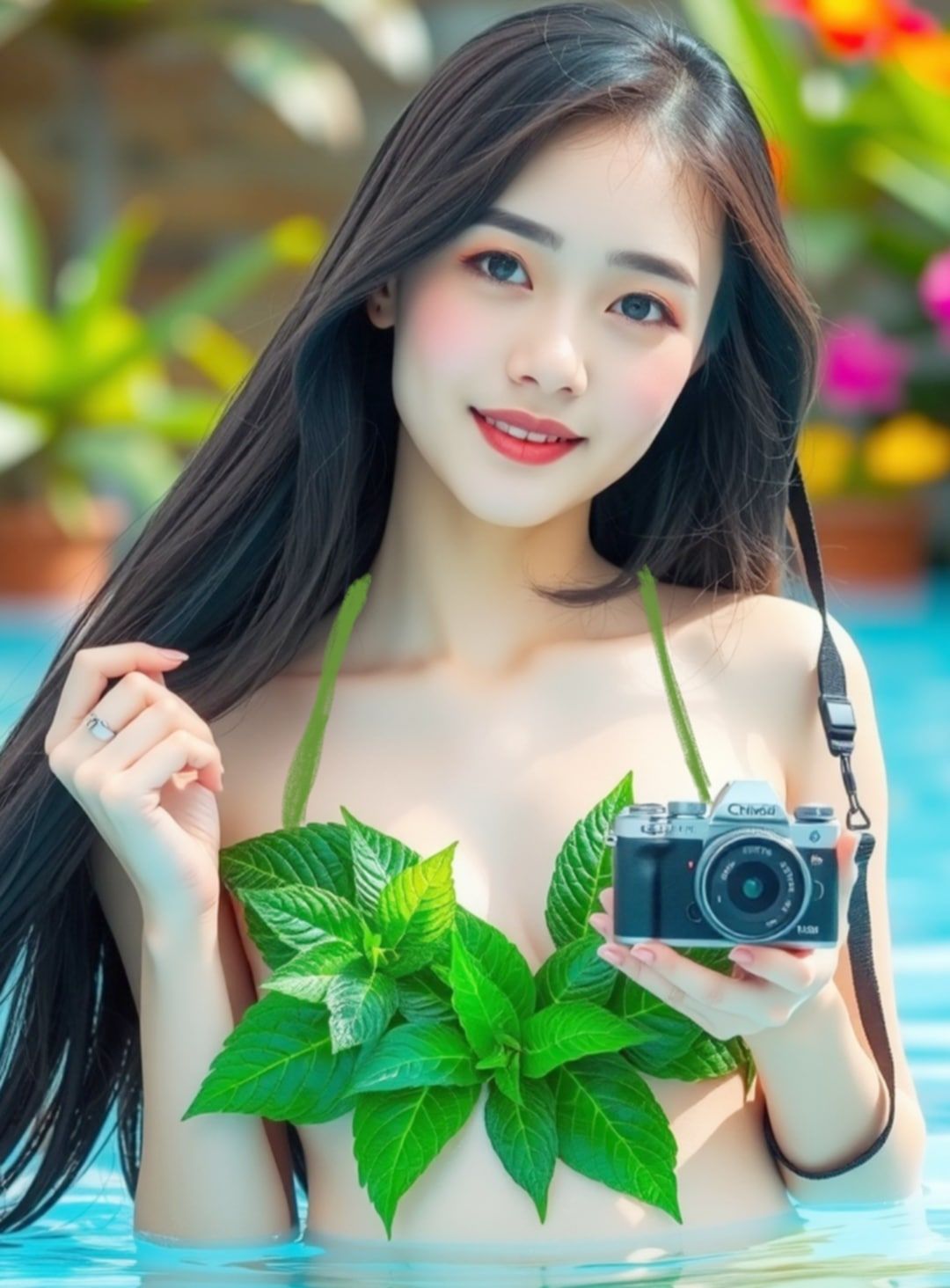 A bikini made by a girl wearing leaves and flowers