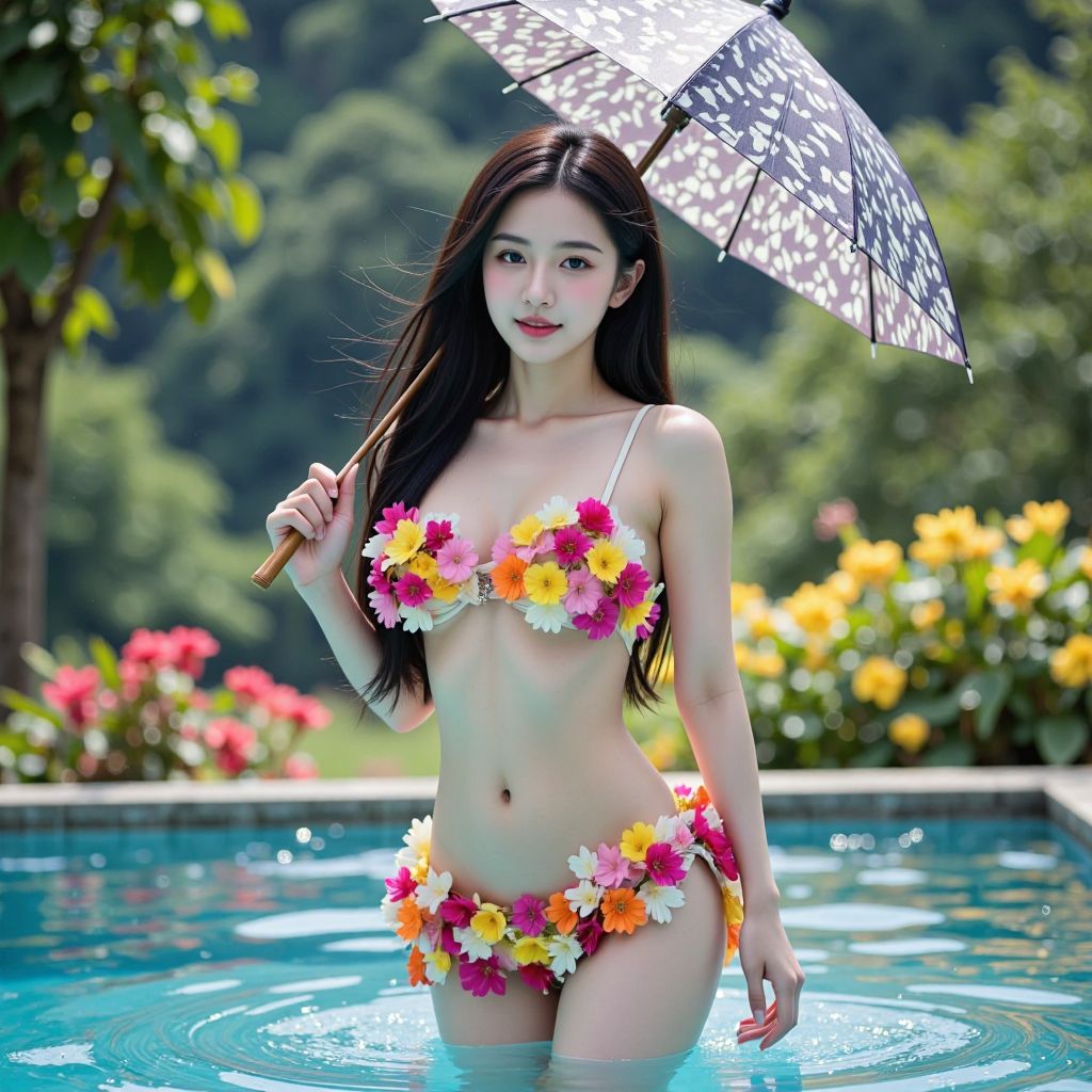 A bikini made by a girl wearing leaves and flowers