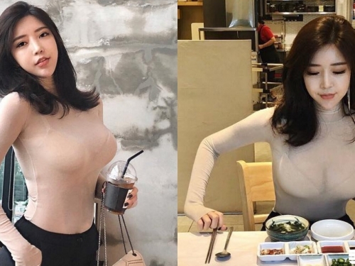 餐廳驚見「超透明巨乳」！正妹裸色衣超薄透「渾圓巨乳」擋不住，完全無法專心吃飯！