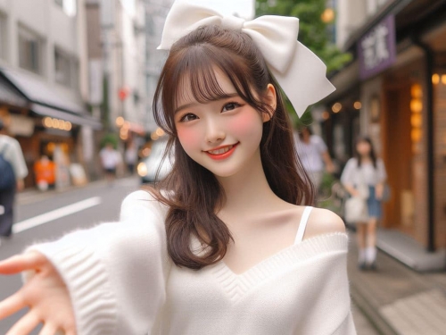 身穿白色洋裝．綁大蝴蝶結的妹子