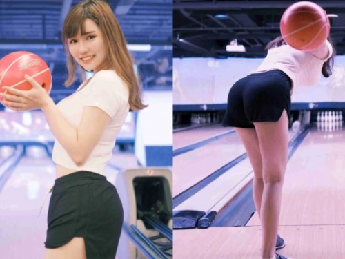 姿勢一百！巨乳甜心「張弄弄」打保齡球，頂起「鮮嫩翹臀」球瓶沒倒男人先倒！