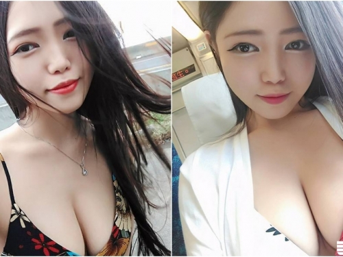 風太大啦！「低胸爆奶妹」搭高鐵出遊！深V洋裝露「白皙美乳」整球快掉出來！