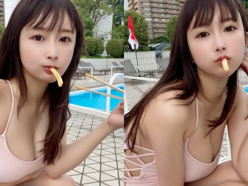 好美味！櫻花妹嘴含薯條「美乳炸出」，養眼的「側乳弧度」有夠邪惡！