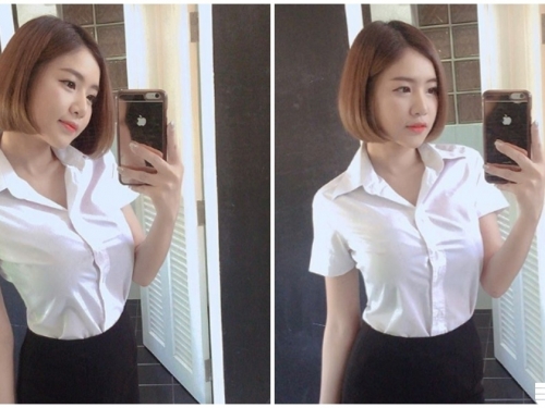 好兇暴！巨乳妹子把襯衫撐好滿，「緊繃畫面」辣到受不了...