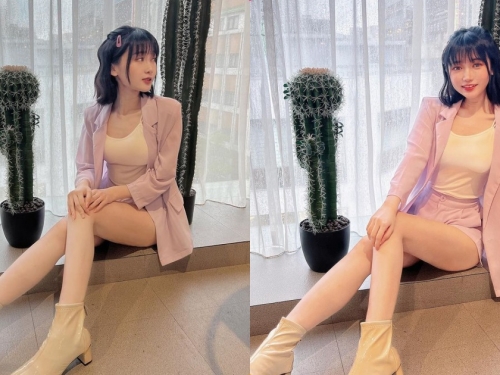 大眼女孩「Sweet」套裝造型美腿好吸睛，白嫩美肌好誘人呀！