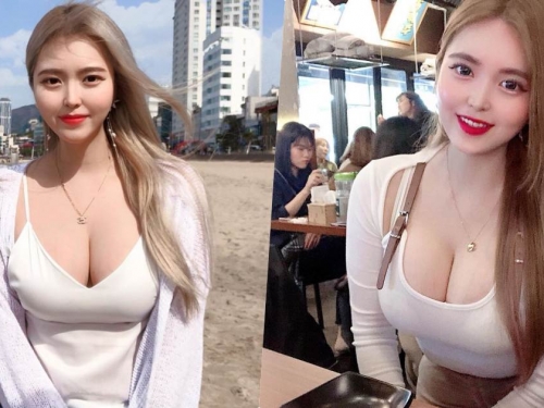甜美妹子「用餐時乳量炸出」，兩顆飽滿車頭燈閃暈客人！